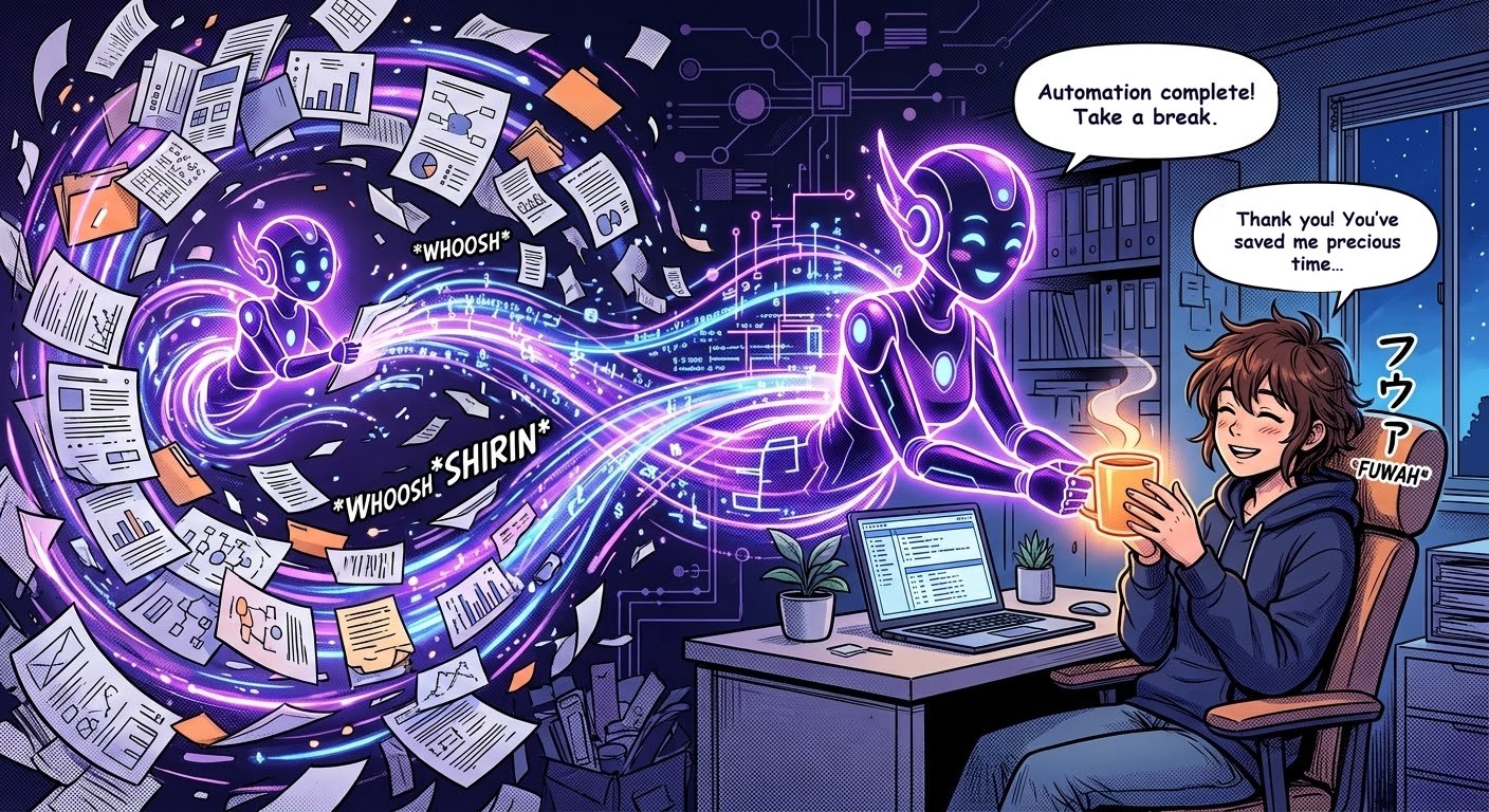 Manga-style illustration: a glowing AI assistant whisks away a whirlwind of documents, then hands a cup of coffee to a smiling colleague. Speech bubbles: “Automation complete! Take a break.” and “Thank you! You’ve saved me precious time…”