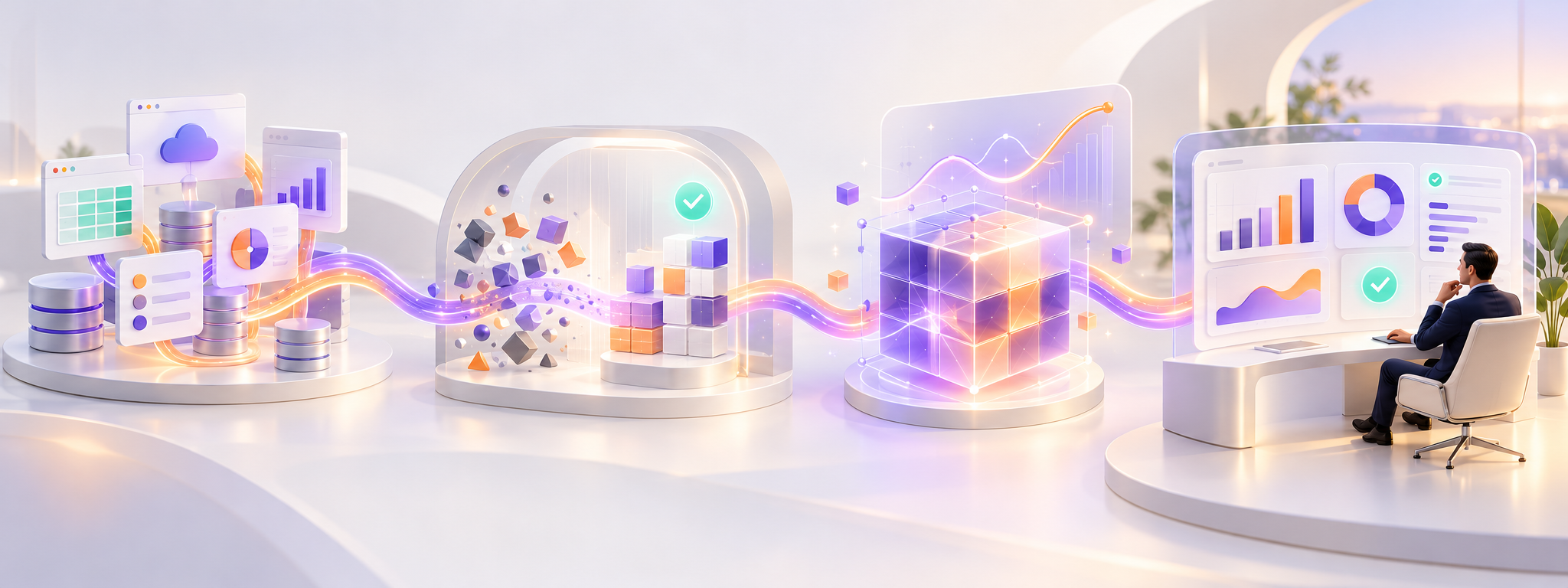Des sources métier traversent une chaîne de transformation, un modèle analytique puis un tableau de décision